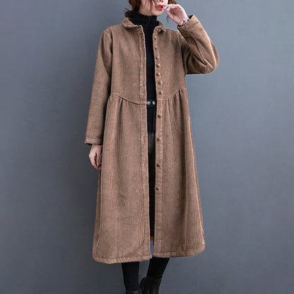 Buddha Stones Plain Buttons Long Sleeve Women's Corduroy Fleece-Lined Coat With Pockets