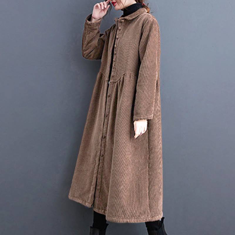 Buddha Stones Plain Buttons Long Sleeve Women's Corduroy Fleece-Lined Coat With Pockets