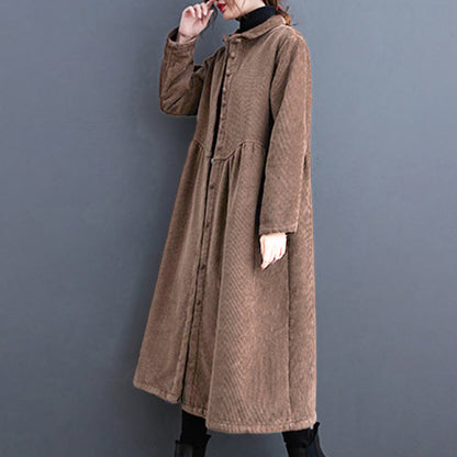 Buddha Stones Plain Buttons Long Sleeve Women's Corduroy Fleece-Lined Coat With Pockets