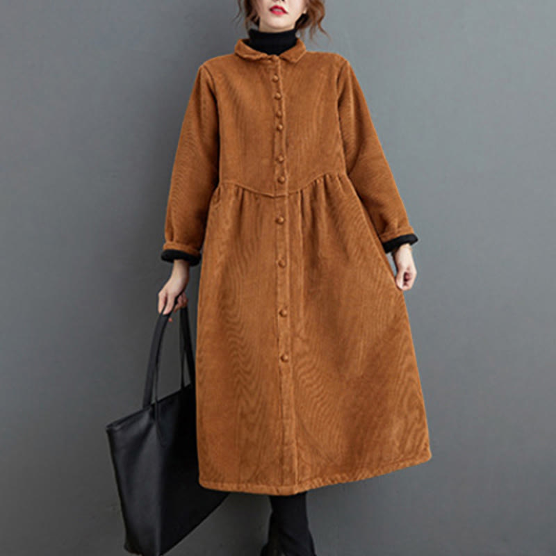Buddha Stones Plain Buttons Long Sleeve Women's Corduroy Fleece-Lined Coat With Pockets