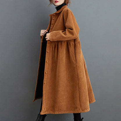 Buddha Stones Plain Buttons Long Sleeve Women's Corduroy Fleece-Lined Coat With Pockets