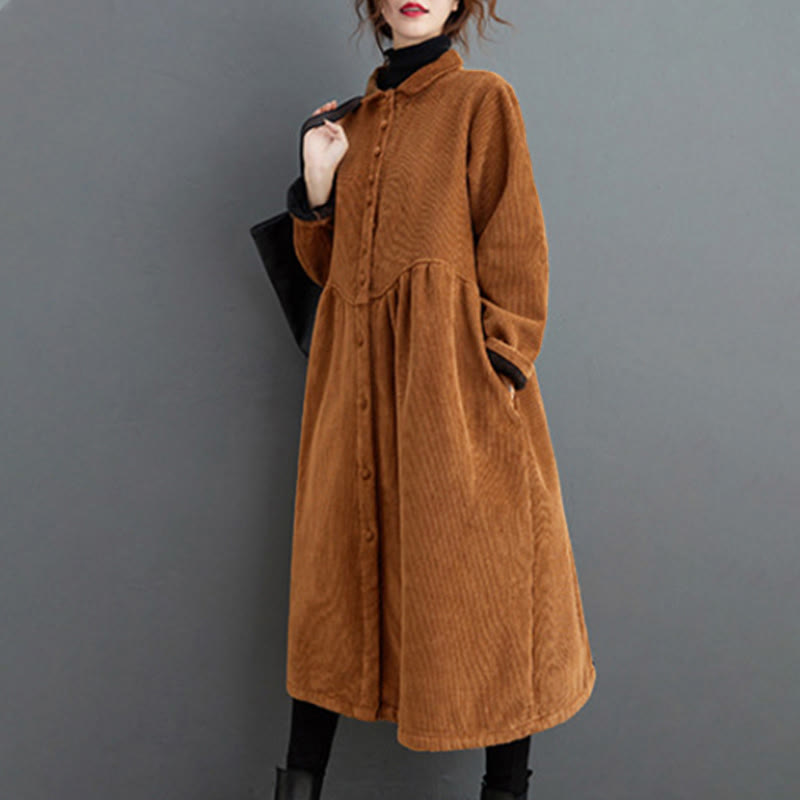 Buddha Stones Plain Buttons Long Sleeve Women's Corduroy Fleece-Lined Coat With Pockets