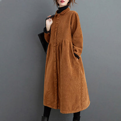 Buddha Stones Plain Buttons Long Sleeve Women's Corduroy Fleece-Lined Coat With Pockets