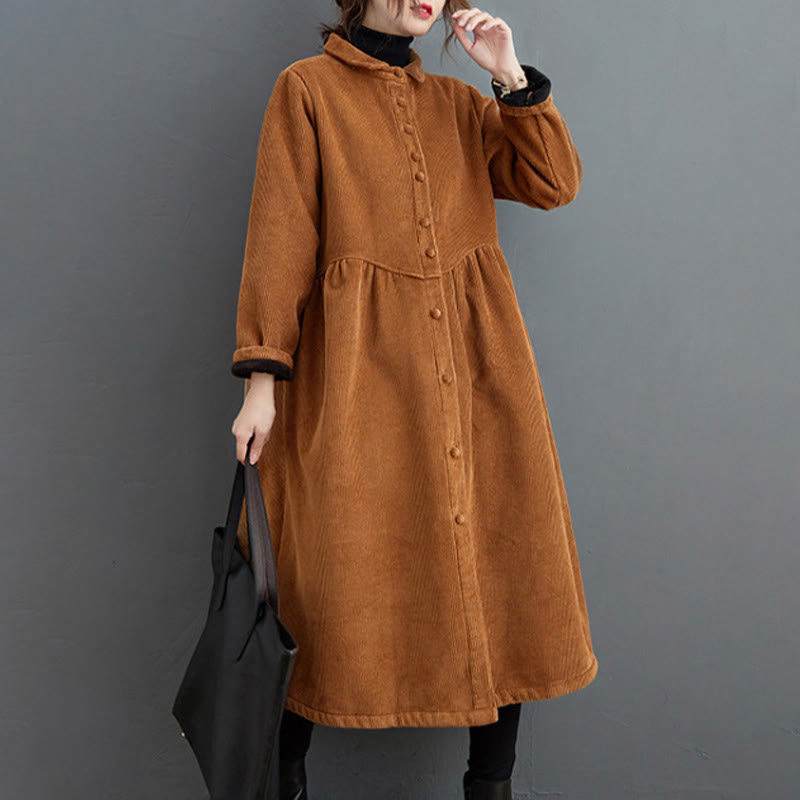 Buddha Stones Plain Buttons Long Sleeve Women's Corduroy Fleece-Lined Coat With Pockets
