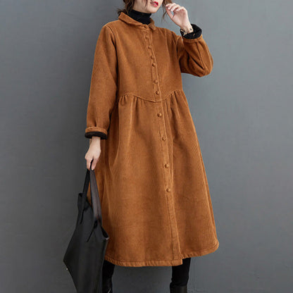 Buddha Stones Plain Buttons Long Sleeve Women's Corduroy Fleece-Lined Coat With Pockets