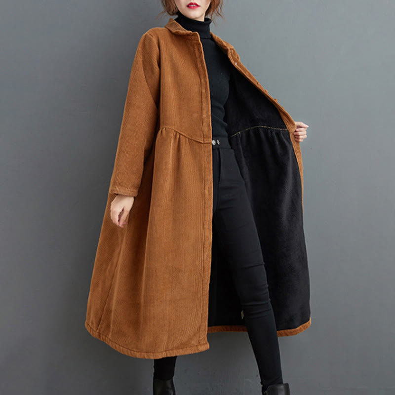 Buddha Stones Plain Buttons Long Sleeve Women's Corduroy Fleece-Lined Coat With Pockets
