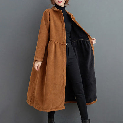 Buddha Stones Plain Buttons Long Sleeve Women's Corduroy Fleece-Lined Coat With Pockets