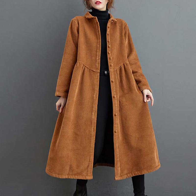 Buddha Stones Plain Buttons Long Sleeve Women's Corduroy Fleece-Lined Coat With Pockets