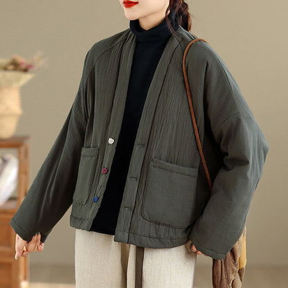 Buddha Stones Winter Long Sleeve Cotton Women's Thermal Jacket With Pockets