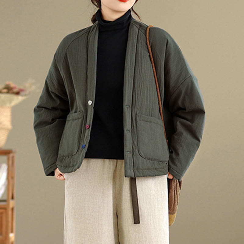 Buddha Stones Winter Long Sleeve Cotton Women's Thermal Jacket With Pockets