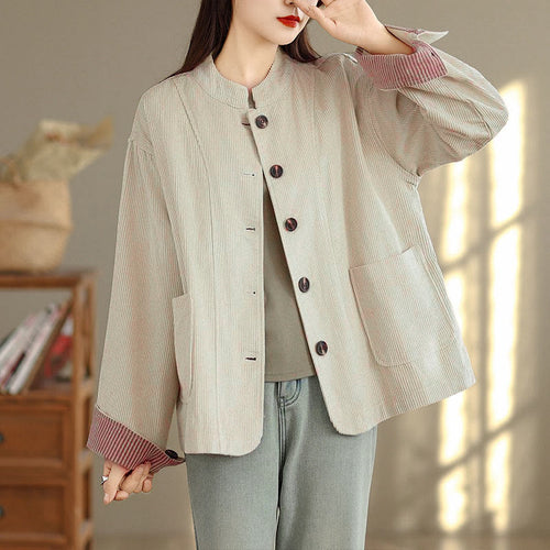 Buddha Stones Buttons Design Corduroy Long Sleeve Women's Jacket With Pockets