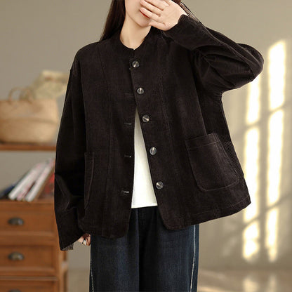 Buddha Stones Buttons Design Corduroy Long Sleeve Women's Jacket With Pockets