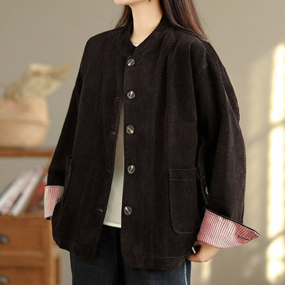 Buddha Stones Buttons Design Corduroy Long Sleeve Women's Jacket With Pockets