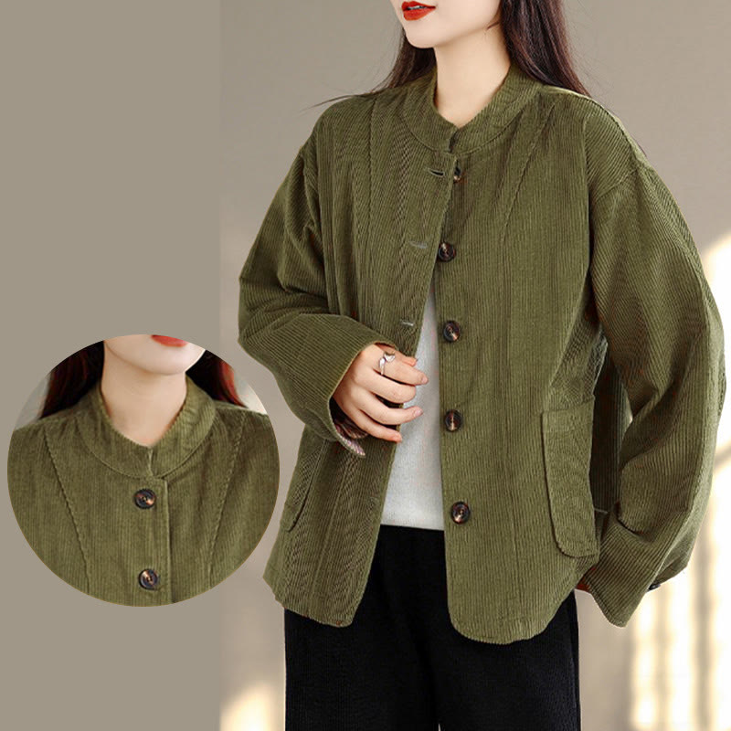 Buddha Stones Buttons Design Corduroy Long Sleeve Women's Jacket With Pockets
