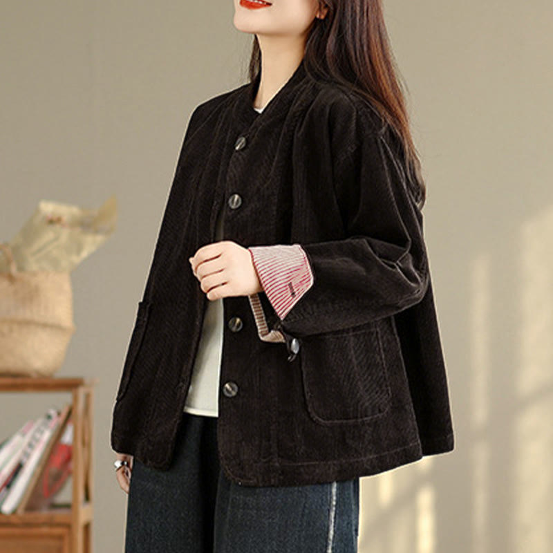 Buddha Stones Buttons Design Corduroy Long Sleeve Women's Jacket With Pockets