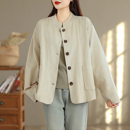 Buddha Stones Buttons Design Corduroy Long Sleeve Women's Jacket With Pockets