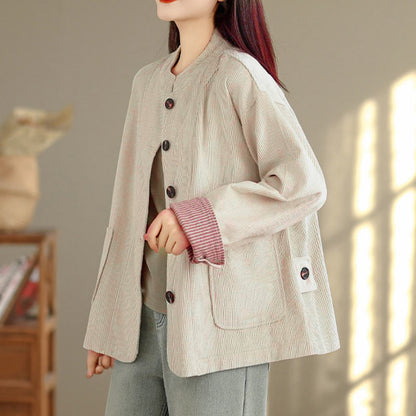 Buddha Stones Buttons Design Corduroy Long Sleeve Women's Jacket With Pockets