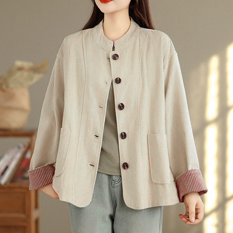 Buddha Stones Buttons Design Corduroy Long Sleeve Women's Jacket With Pockets