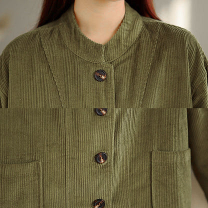 Buddha Stones Buttons Design Corduroy Long Sleeve Women's Jacket With Pockets