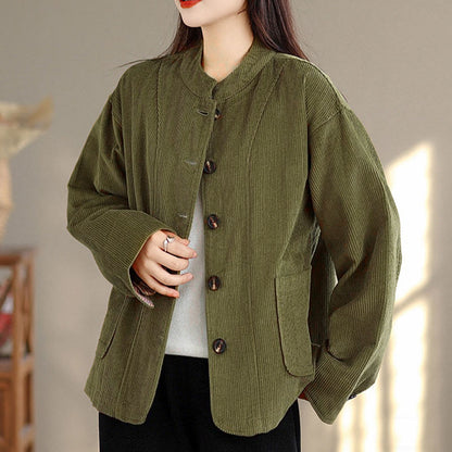 Buddha Stones Buttons Design Corduroy Long Sleeve Women's Jacket With Pockets