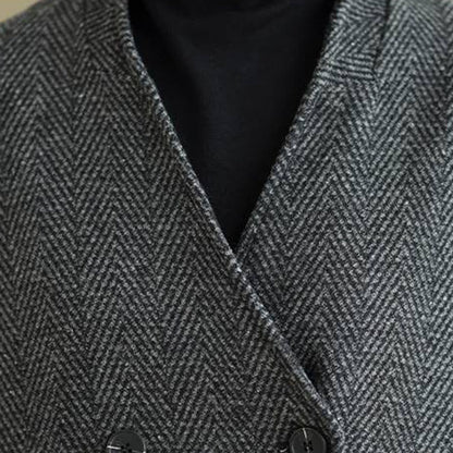 Buddha Stones Stripe V-Neck Cotton Long Sleeve Women's Coat With Pockets