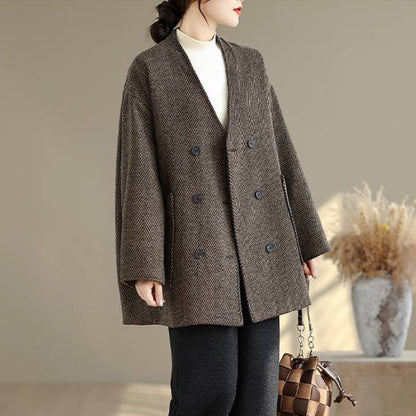 Buddha Stones Stripe V-Neck Cotton Long Sleeve Women's Coat With Pockets