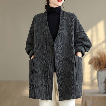 Buddha Stones Stripe V-Neck Cotton Long Sleeve Women's Coat With Pockets