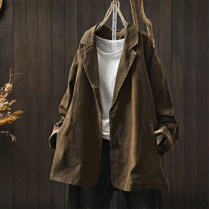 Buddha Stones Spring Fall Buttons Lapel Collar Long Sleeve Mid-length Women's Jacket With Pockets