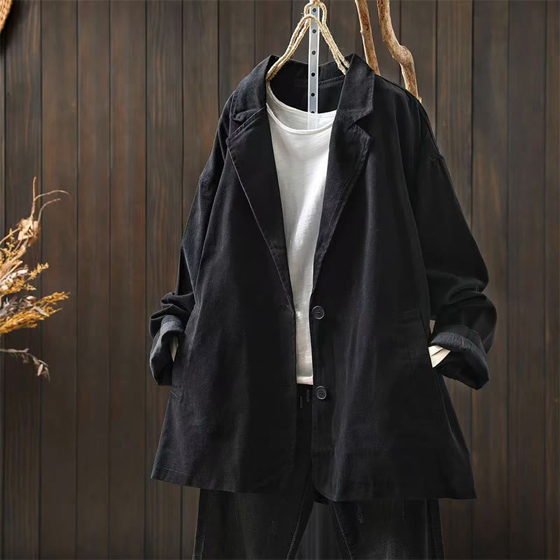 Buddha Stones Spring Fall Buttons Lapel Collar Long Sleeve Mid-length Women's Jacket With Pockets