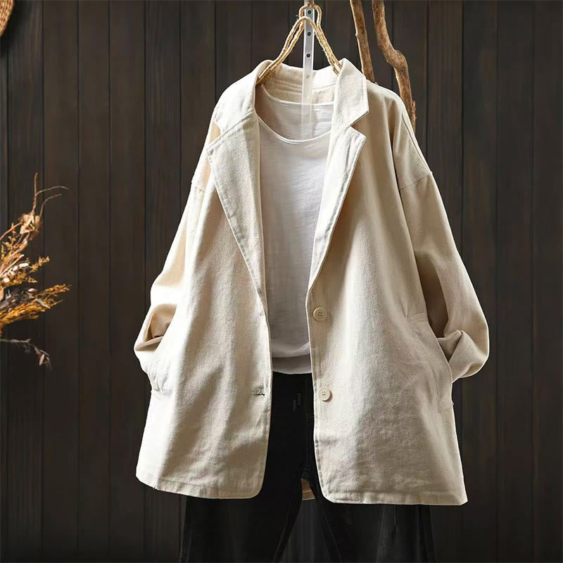 Buddha Stones Spring Fall Buttons Lapel Collar Long Sleeve Mid-length Women's Jacket With Pockets