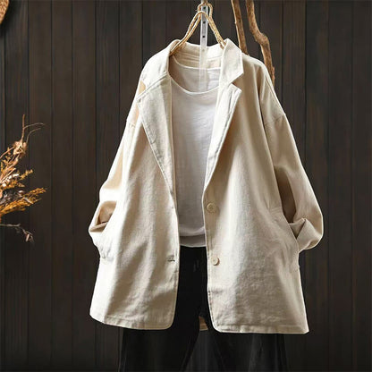 Buddha Stones Spring Fall Buttons Lapel Collar Long Sleeve Mid-length Women's Jacket With Pockets