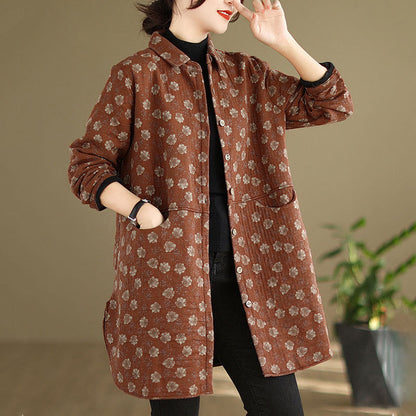 Buddha Stones Fall Winter Buttons Flower Patterns Long Sleeve Cotton Women's Jacket With Pockets