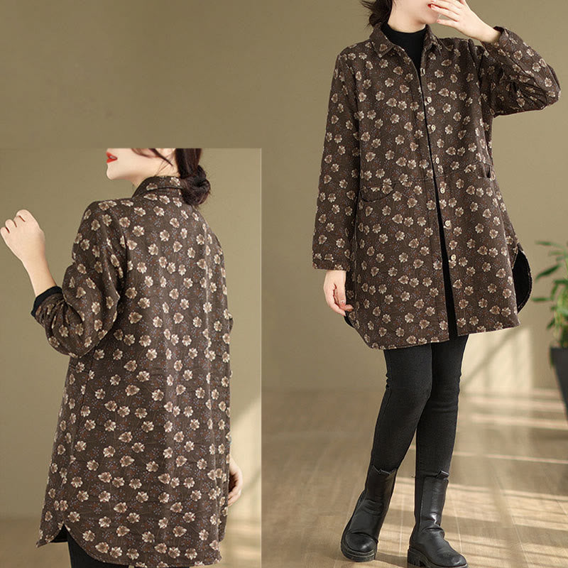 Buddha Stones Fall Winter Buttons Flower Patterns Long Sleeve Cotton Women's Jacket With Pockets