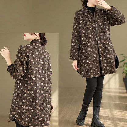 Buddha Stones Fall Winter Buttons Flower Patterns Long Sleeve Cotton Women's Jacket With Pockets