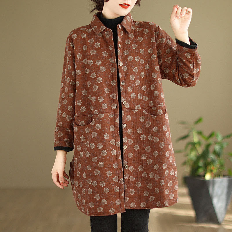 Buddha Stones Fall Winter Buttons Flower Patterns Long Sleeve Cotton Women's Jacket With Pockets