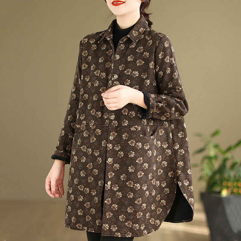 Buddha Stones Fall Winter Buttons Flower Patterns Long Sleeve Cotton Women's Jacket With Pockets