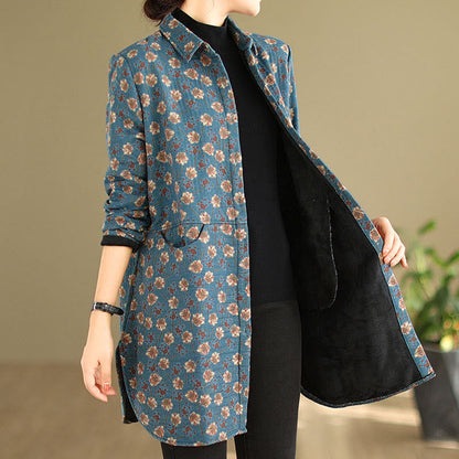 Buddha Stones Fall Winter Buttons Flower Patterns Long Sleeve Cotton Women's Jacket With Pockets
