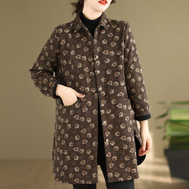 Buddha Stones Fall Winter Buttons Flower Patterns Long Sleeve Cotton Women's Jacket With Pockets
