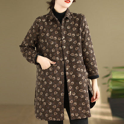 Buddha Stones Fall Winter Buttons Flower Patterns Long Sleeve Cotton Women's Jacket With Pockets