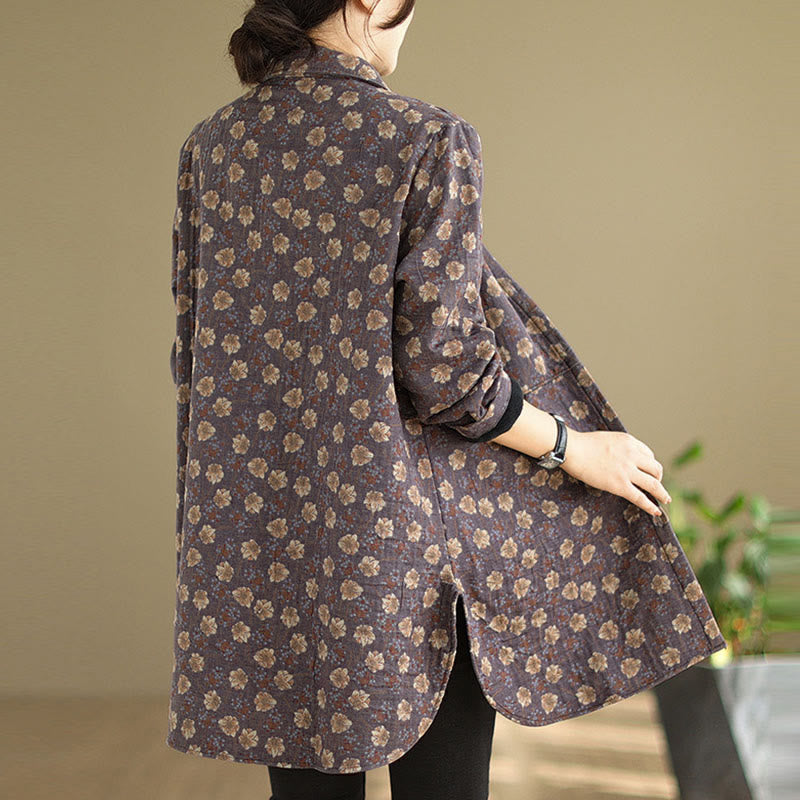 Buddha Stones Fall Winter Buttons Flower Patterns Long Sleeve Cotton Women's Jacket With Pockets