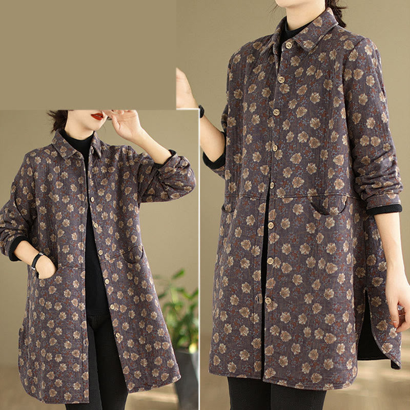 Buddha Stones Fall Winter Buttons Flower Patterns Long Sleeve Cotton Women's Jacket With Pockets