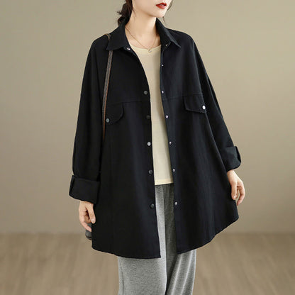 Buddha Stones Fall Pure Color Lapel Button Simple Design Women's Cotton Long Sleeve Jacket