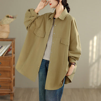 Buddha Stones Fall Pure Color Lapel Button Simple Design Women's Cotton Long Sleeve Jacket