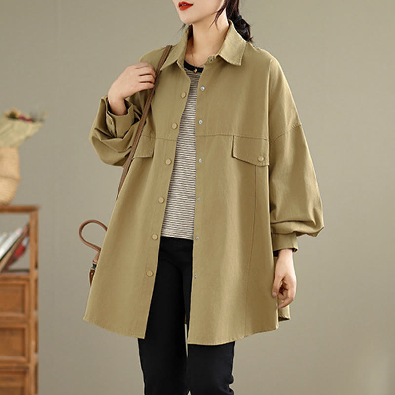 Buddha Stones Fall Pure Color Lapel Button Simple Design Women's Cotton Long Sleeve Jacket