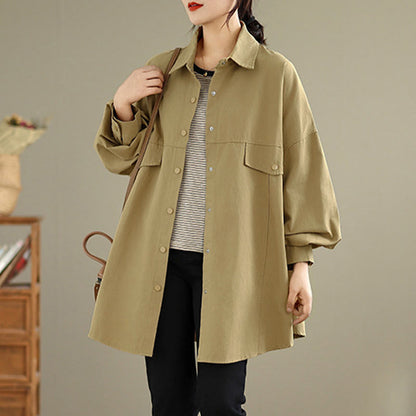 Buddha Stones Fall Pure Color Lapel Button Simple Design Women's Cotton Long Sleeve Jacket