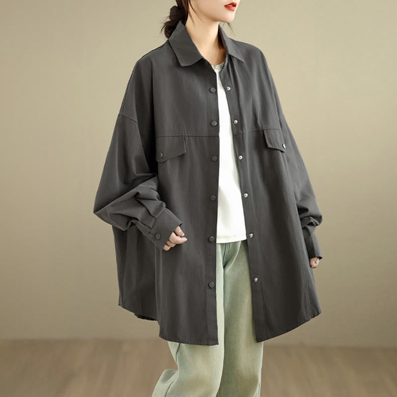 Buddha Stones Fall Pure Color Lapel Button Simple Design Women's Cotton Long Sleeve Jacket