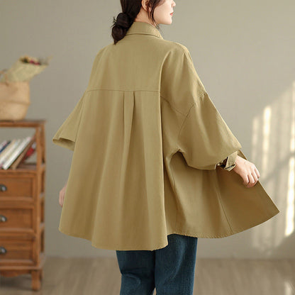Buddha Stones Fall Pure Color Lapel Button Simple Design Women's Cotton Long Sleeve Jacket