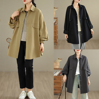 Buddha Stones Fall Pure Color Lapel Button Simple Design Women's Cotton Long Sleeve Jacket