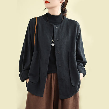 Buddha Stones Plain Design Long Sleeve Women's Jacket With Pockets
