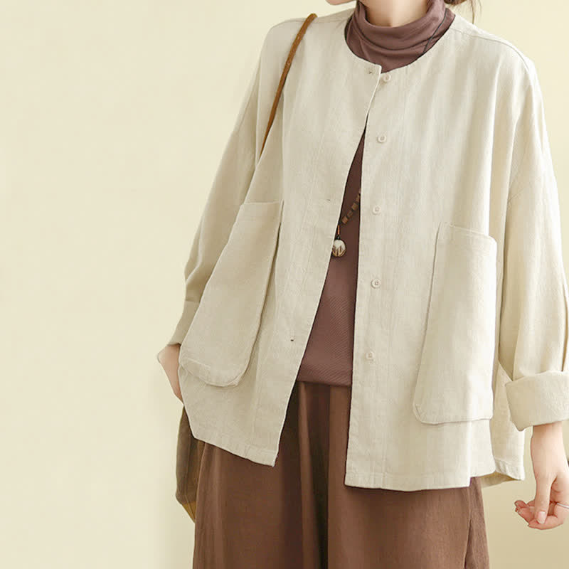 Buddha Stones Plain Design Long Sleeve Women's Jacket With Pockets